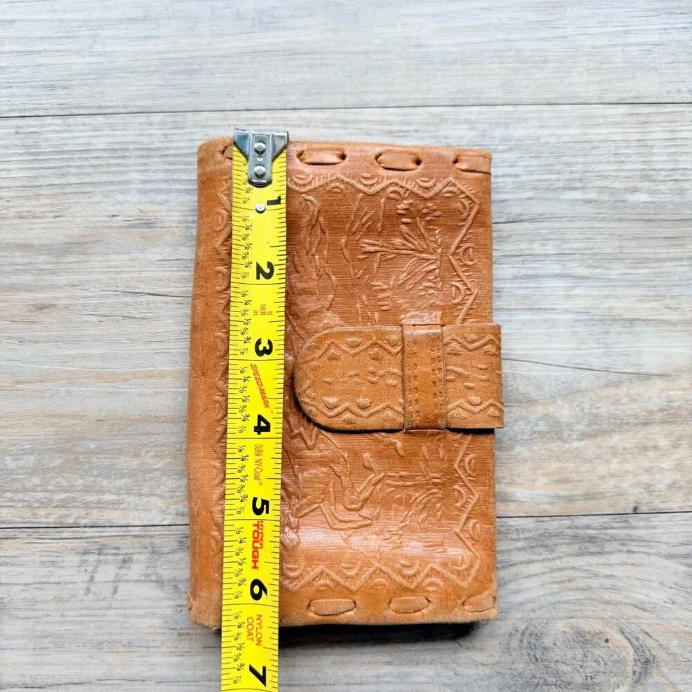 Vintage Tooled Leather Wallet Western Horse Cowboy Tan Bifold Snap Closure